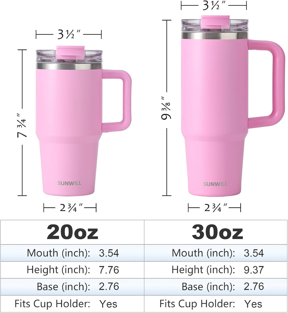 Travel Coffee Mug with Lid, 20 oz Tumbler with Handle and Straw Leak Proof, Stainless Steel Cup Insulated for Office & Gym, Cupholder Friendly, Powder Coated Pink
