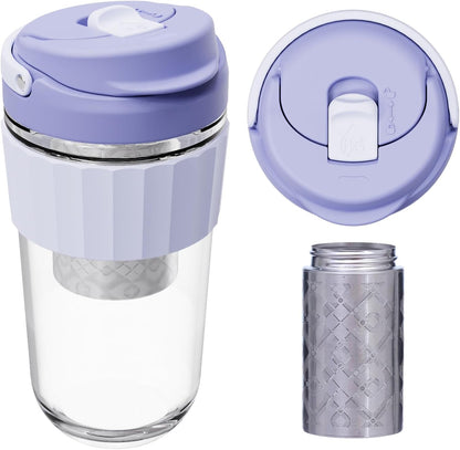 Leak-proof Glass Coffee Mug with Lock Lid, 17oz Reusable Coffee Cup with Stainless Steel Filter, Travel Tea and Fruit Infuser with Handle, BPA-free Dishwasher Safe (Forest Green)