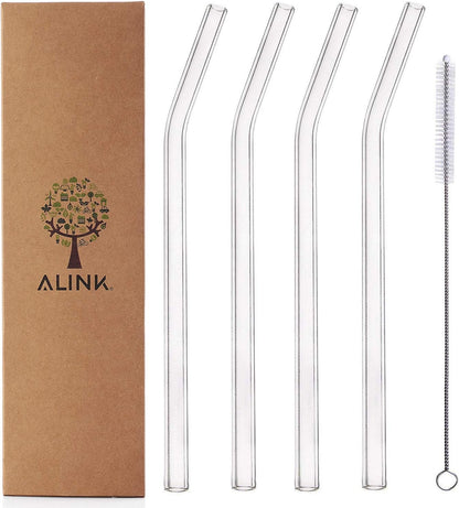 Glass Smoothie Straws, Reusable Clear Bent 9 in X 10 mm Drinking Straws, Set of 4 with Cleaning Brush
