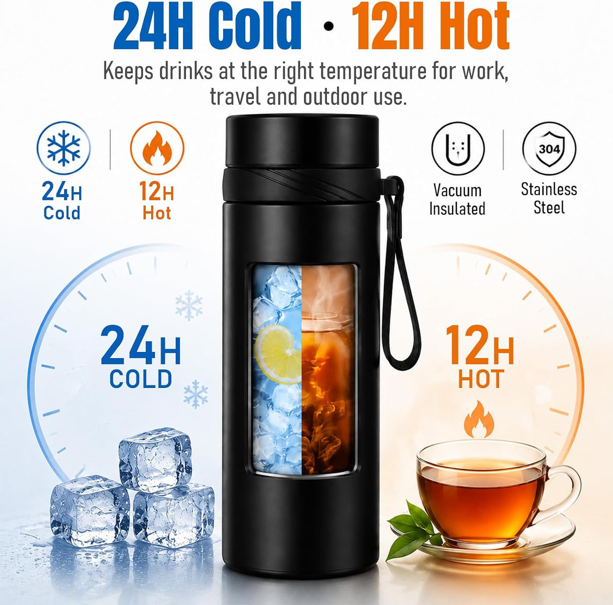 Small Water Bottle, 15 oz Stainless Steel Insulated Bottle, Blue