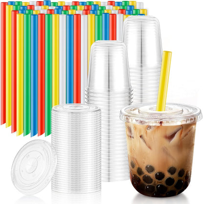 16oz Clear Plastic Boba Cups with Lids and Colorful Straws