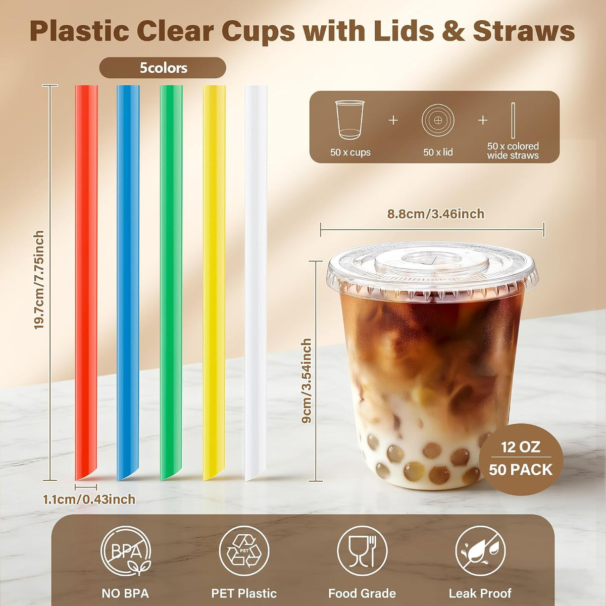 16oz Clear Plastic Boba Cups with Lids and Colorful Straws