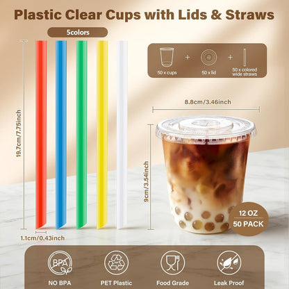 16oz Clear Plastic Boba Cups with Lids and Colorful Straws
