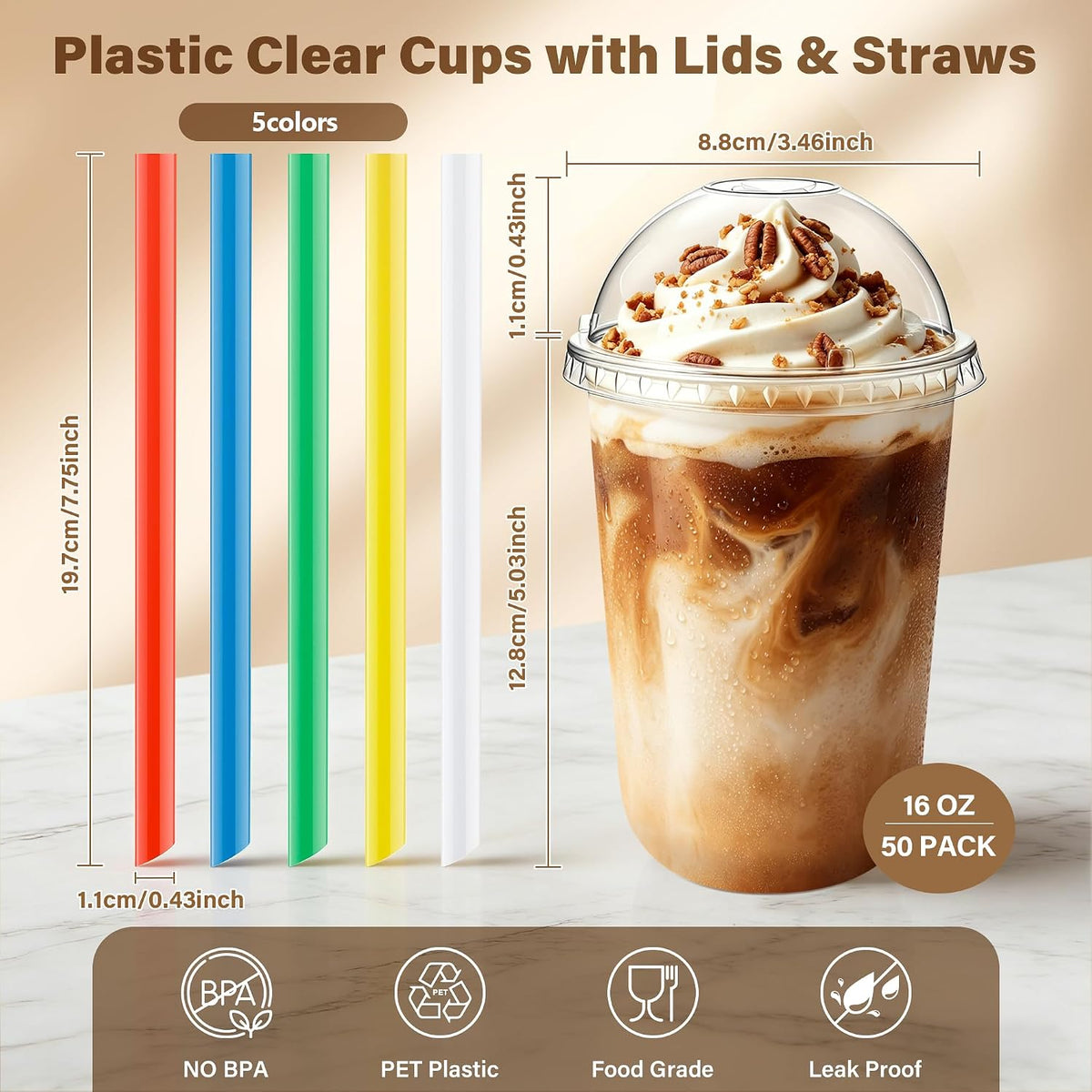 16oz Clear Plastic Boba Cups with Lids and Colorful Straws