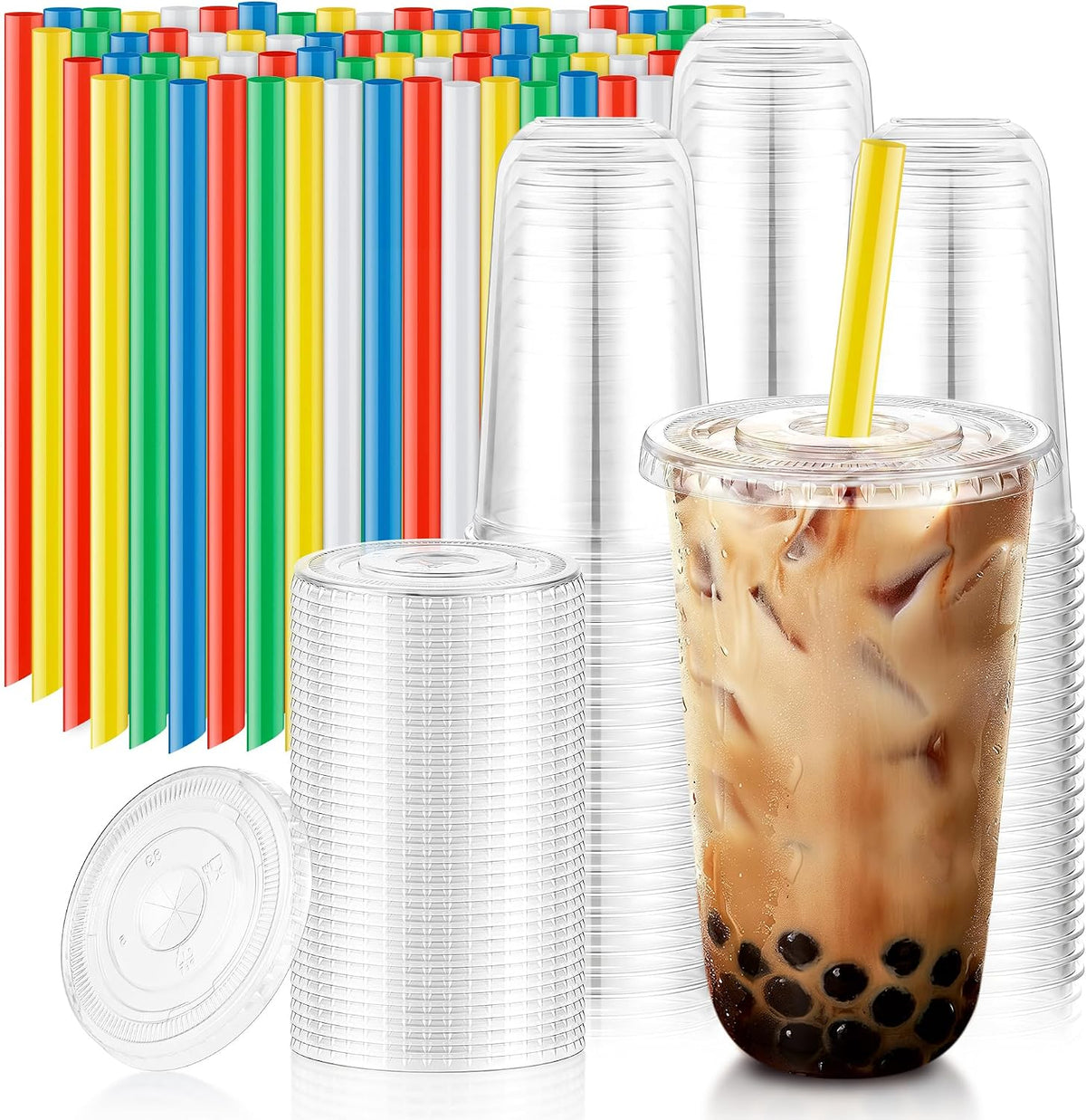 16oz Clear Plastic Boba Cups with Lids and Colorful Straws
