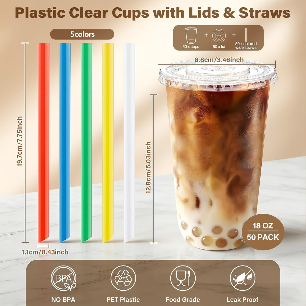 16oz Clear Plastic Boba Cups with Lids and Colorful Straws