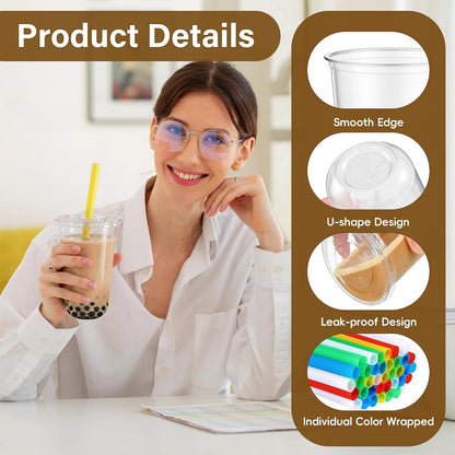 16oz Clear Plastic Boba Cups with Lids and Colorful Straws