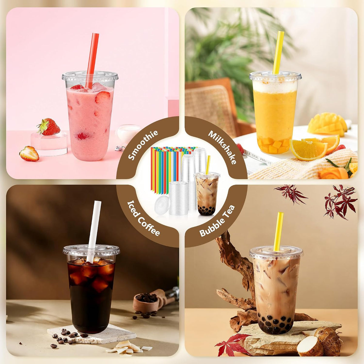16oz Clear Plastic Boba Cups with Lids and Colorful Straws