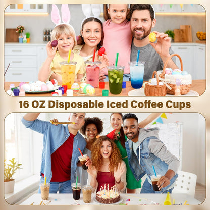 16oz Clear Plastic Boba Cups with Lids and Colorful Straws