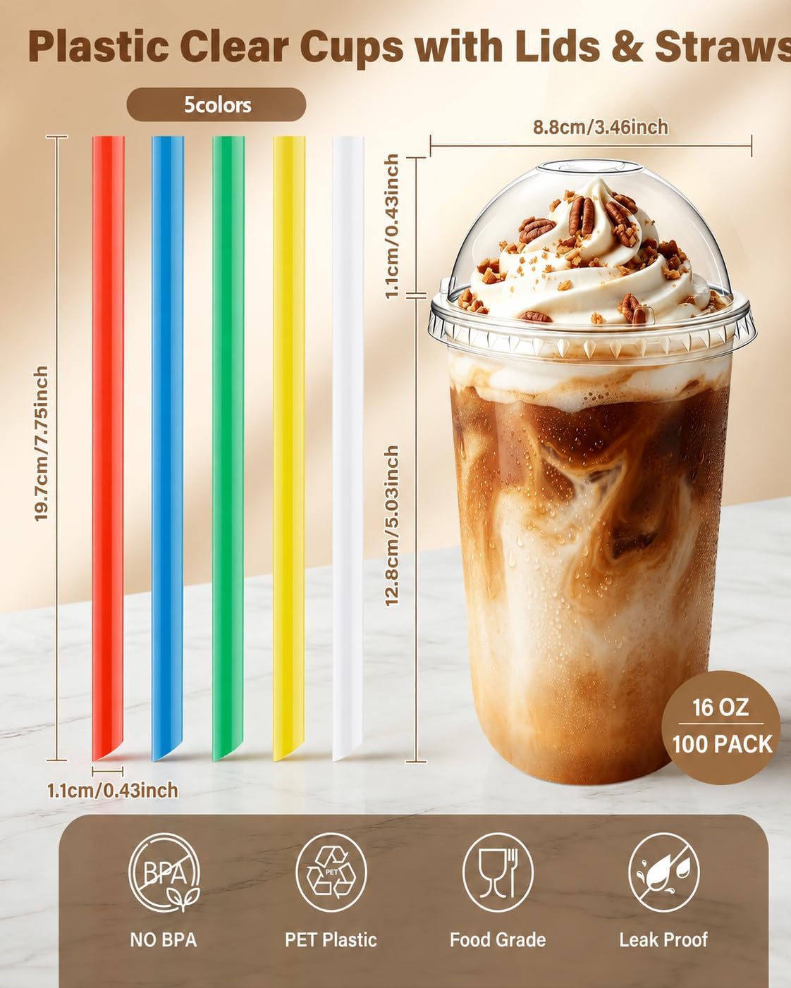 16oz Clear Plastic Boba Cups with Lids and Colorful Straws