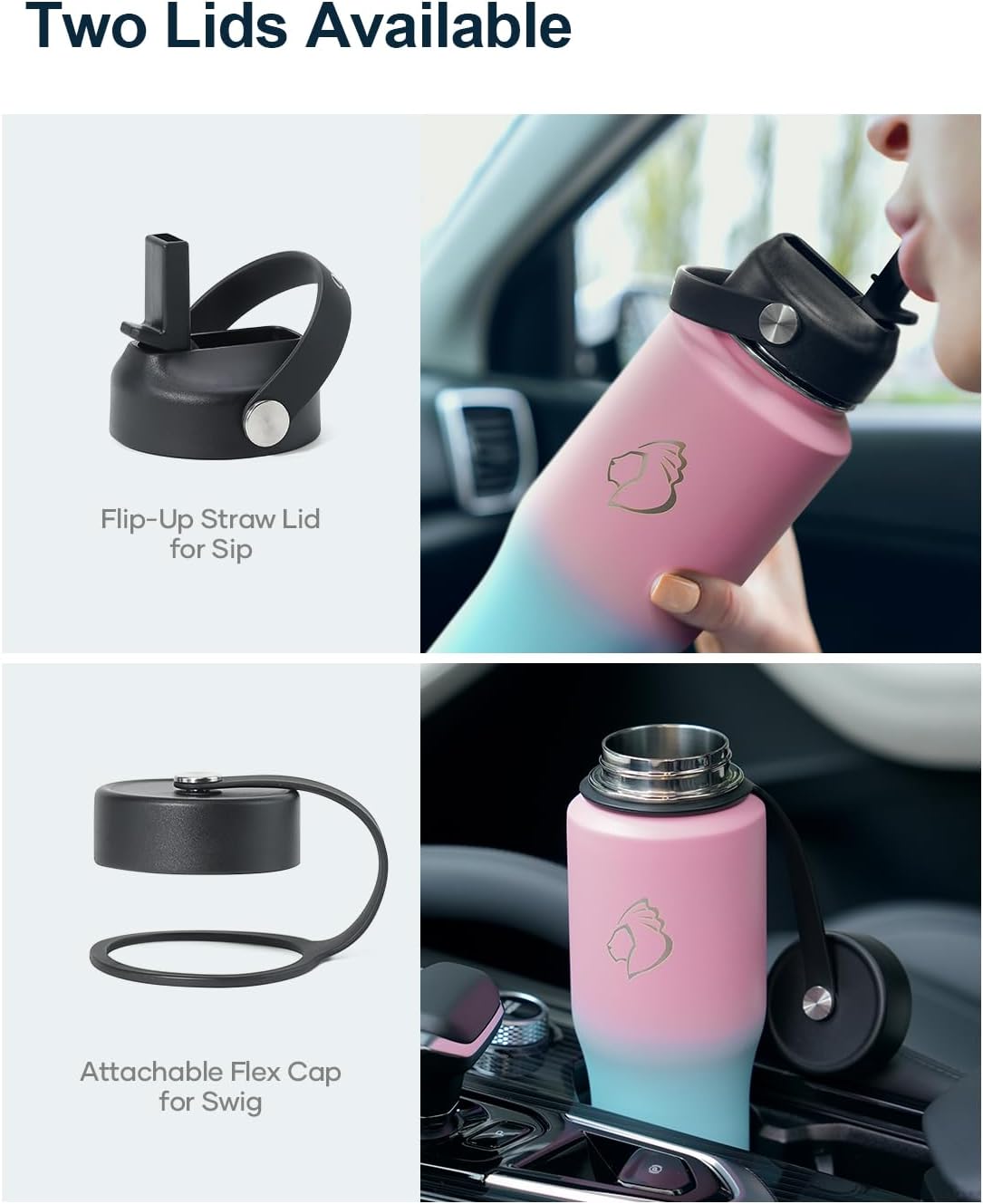 32 oz Insulated Water Bottle Fits in Car Cup Holders, Stainless Steel | Cup Holder Friendly Tumbler, 48 Hrs Cold, Leakproof Straw Lid, Triple Walled Metal Bottles for Travel