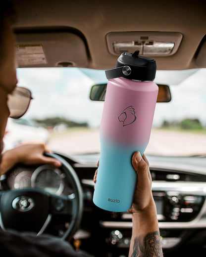 32 oz Insulated Water Bottle Fits in Car Cup Holders, Stainless Steel | Cup Holder Friendly Tumbler, 48 Hrs Cold, Leakproof Straw Lid, Triple Walled Metal Bottles for Travel