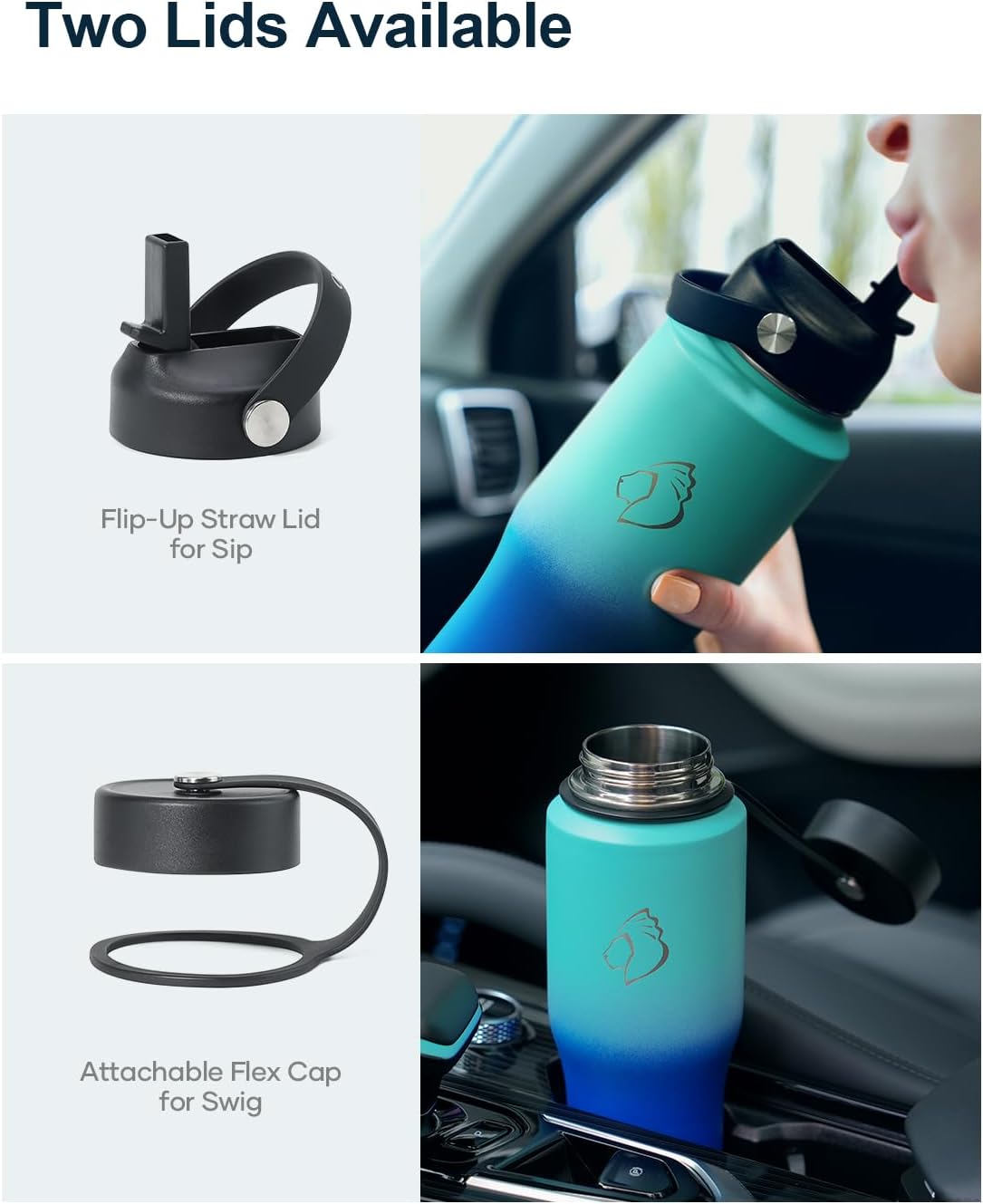 32 oz Insulated Water Bottle Fits in Car Cup Holders, Stainless Steel | Cup Holder Friendly Tumbler, 48 Hrs Cold, Leakproof Straw Lid, Triple Walled Metal Bottles for Travel
