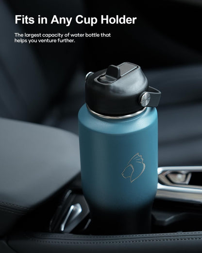 32 oz Insulated Water Bottle Fits in Car Cup Holders, Stainless Steel | Cup Holder Friendly Tumbler, 48 Hrs Cold, Leakproof Straw Lid, Triple Walled Metal Bottles for Travel