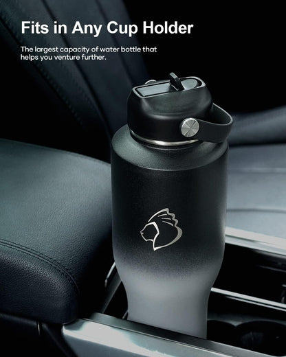 32 oz Insulated Water Bottle Fits in Car Cup Holders, Stainless Steel | Cup Holder Friendly Tumbler, 48 Hrs Cold, Leakproof Straw Lid, Triple Walled Metal Bottles for Travel