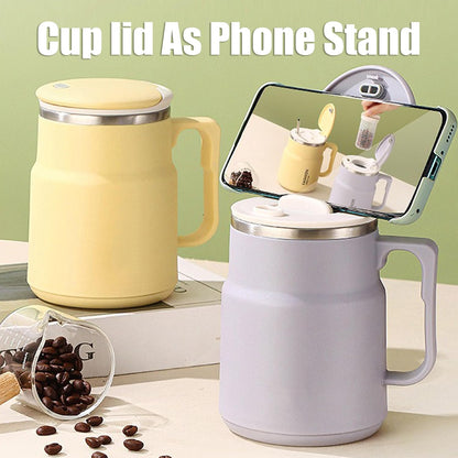 20oz Insulated Coffee Mug with Handle, Leakproof Travel Tumbler with Tea Infuser, Detachable Base Storage for Spoon, Lid Doubles as Phone Stand for Office Desk (Purple)