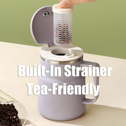 20oz Insulated Coffee Mug with Handle, Leakproof Travel Tumbler with Tea Infuser, Detachable Base Storage for Spoon, Lid Doubles as Phone Stand for Office Desk (Purple)