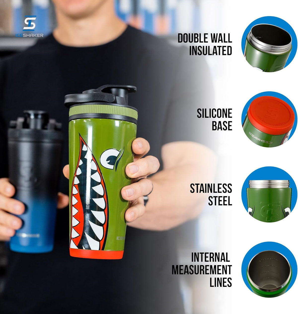 Insulated Stainless Steel Shaker Bottle | 26oz, Bomber | Cold for 30+ Hours | Insulated Cup with Twist-on Agitator | Odor-Free Bottle for Protein Shakes, Water, Smoothies, Cocktails