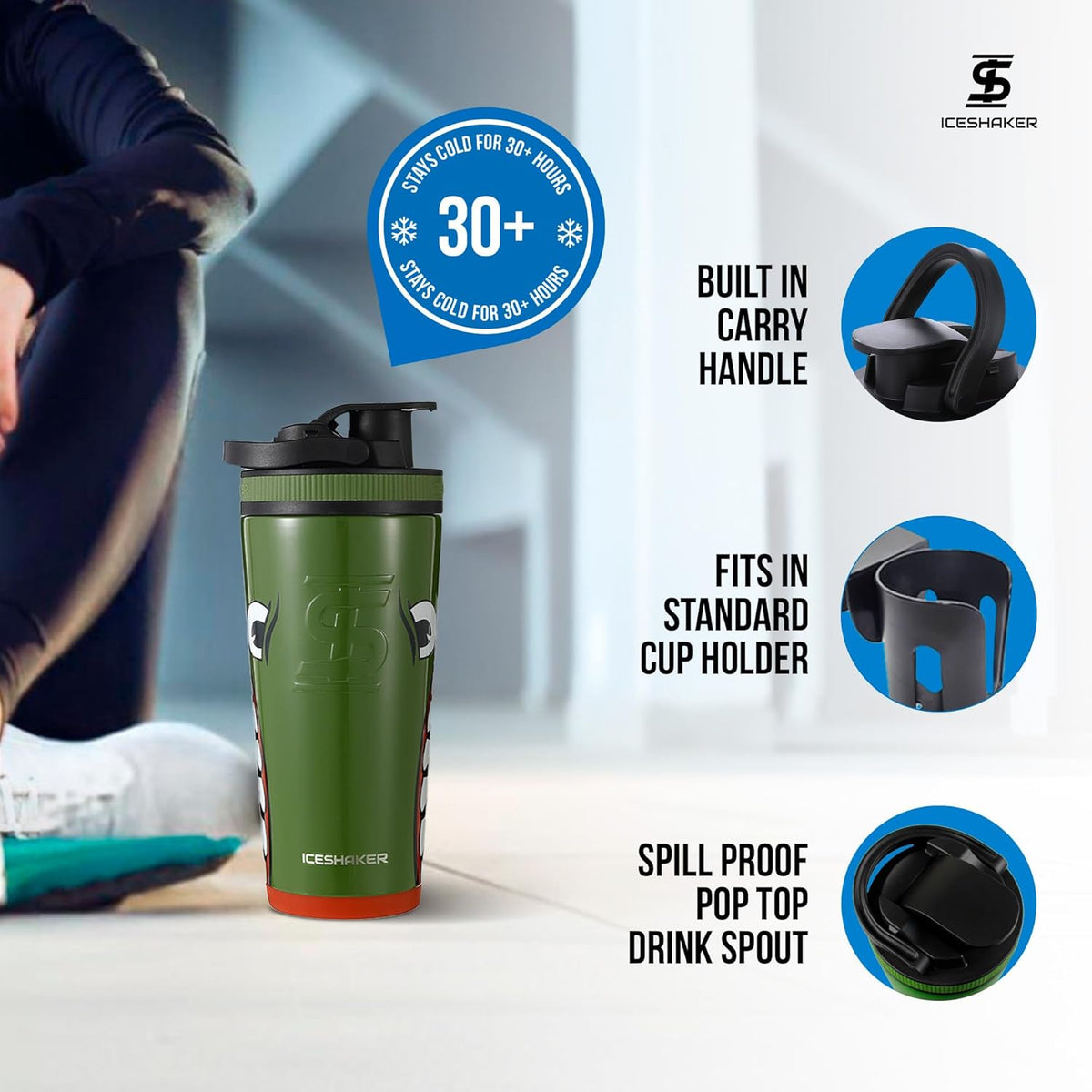 Insulated Stainless Steel Shaker Bottle | 26oz, Bomber | Cold for 30+ Hours | Insulated Cup with Twist-on Agitator | Odor-Free Bottle for Protein Shakes, Water, Smoothies, Cocktails