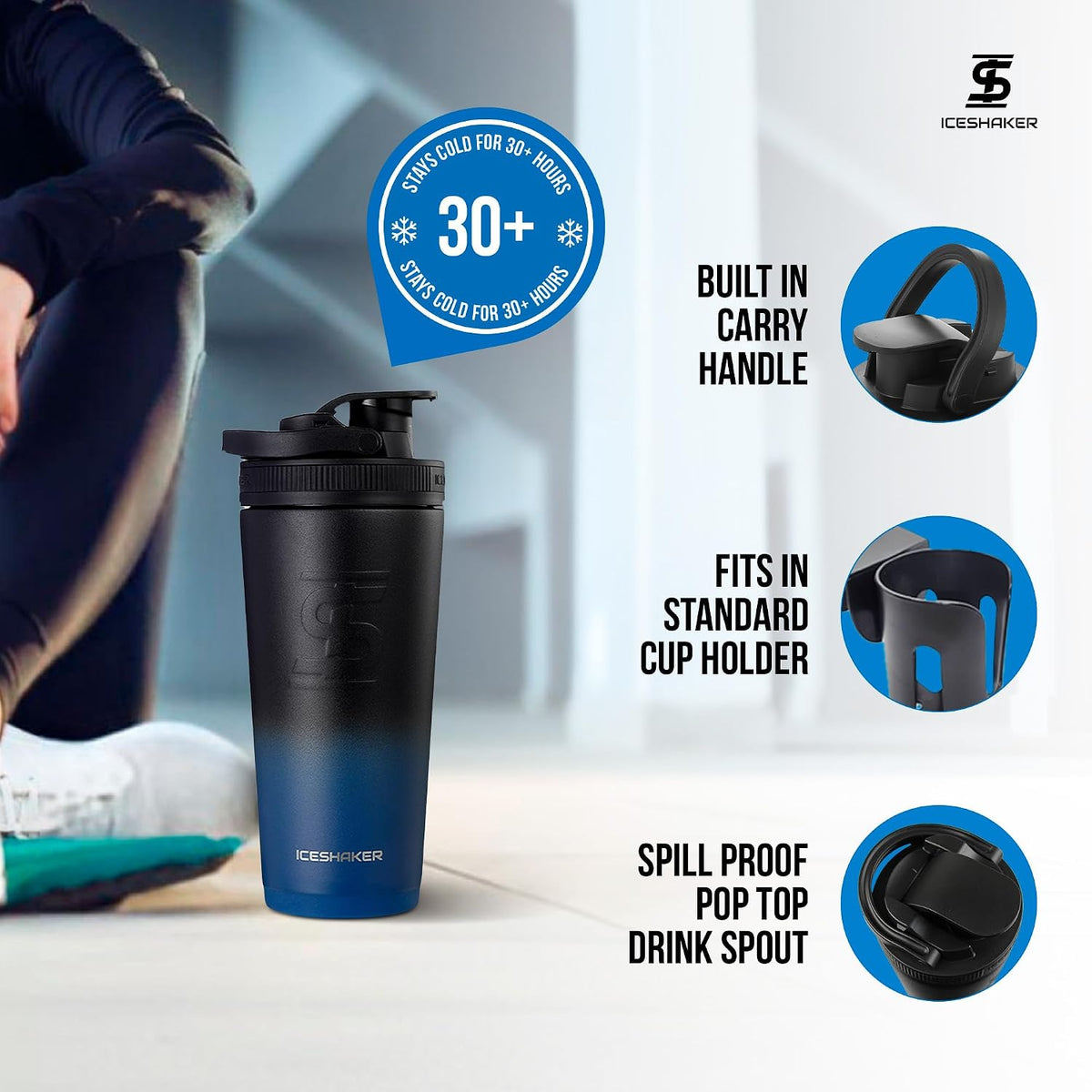 Insulated Stainless Steel Shaker Bottle | 26oz, Bomber | Cold for 30+ Hours | Insulated Cup with Twist-on Agitator | Odor-Free Bottle for Protein Shakes, Water, Smoothies, Cocktails