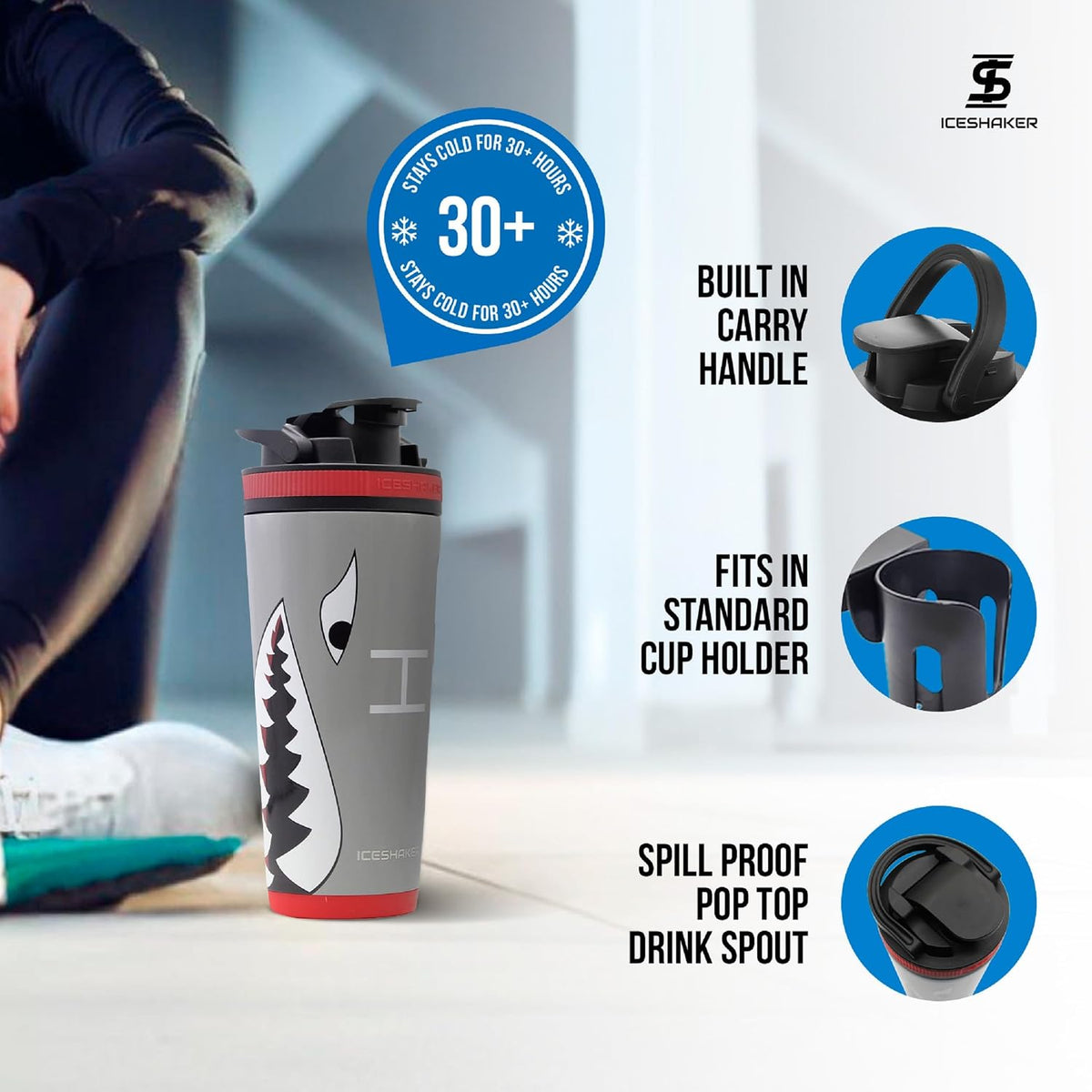 Insulated Stainless Steel Shaker Bottle | 26oz, Bomber | Cold for 30+ Hours | Insulated Cup with Twist-on Agitator | Odor-Free Bottle for Protein Shakes, Water, Smoothies, Cocktails