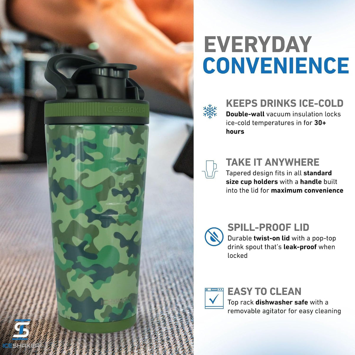 Insulated Stainless Steel Shaker Bottle | 26oz, Bomber | Cold for 30+ Hours | Insulated Cup with Twist-on Agitator | Odor-Free Bottle for Protein Shakes, Water, Smoothies, Cocktails