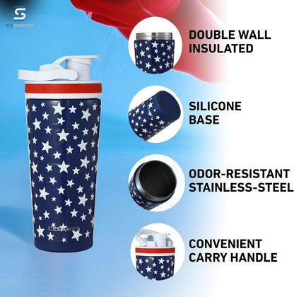 Insulated Stainless Steel Shaker Bottle | 26oz, Bomber | Cold for 30+ Hours | Insulated Cup with Twist-on Agitator | Odor-Free Bottle for Protein Shakes, Water, Smoothies, Cocktails