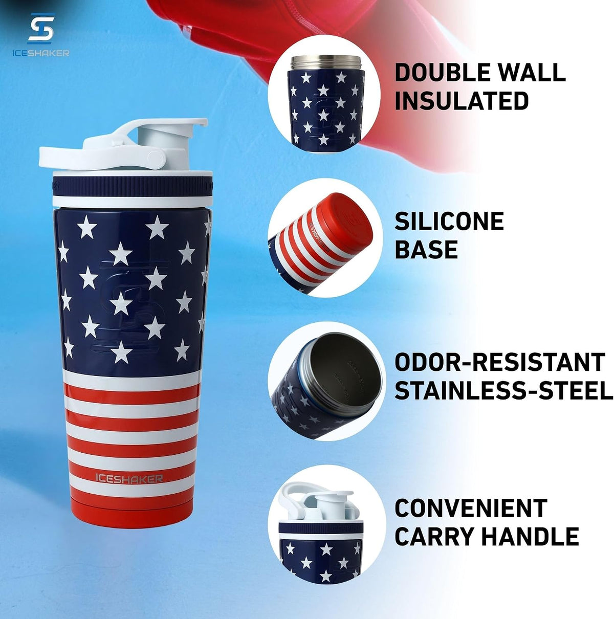 Insulated Stainless Steel Shaker Bottle | 26oz, Bomber | Cold for 30+ Hours | Insulated Cup with Twist-on Agitator | Odor-Free Bottle for Protein Shakes, Water, Smoothies, Cocktails