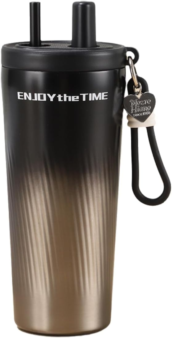 Car Cup Holder Friendly 17oz Insulated Straw Cup, 520ml Double Wall Stainless Steel Travel Tumbler with Leak Proof Lid and Carry Strap for Daily Driving and Office Use (Blue & White)