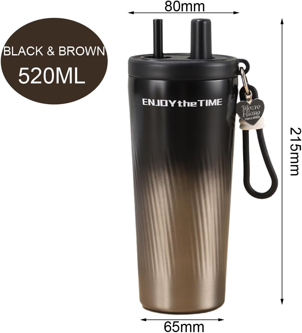 Car Cup Holder Friendly 17oz Insulated Straw Cup, 520ml Double Wall Stainless Steel Travel Tumbler with Leak Proof Lid and Carry Strap for Daily Driving and Office Use (Blue & White)