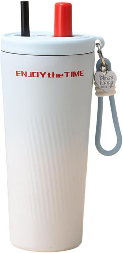 Car Cup Holder Friendly 17oz Insulated Straw Cup, 520ml Double Wall Stainless Steel Travel Tumbler with Leak Proof Lid and Carry Strap for Daily Driving and Office Use (Blue & White)