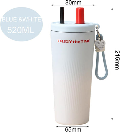 Car Cup Holder Friendly 17oz Insulated Straw Cup, 520ml Double Wall Stainless Steel Travel Tumbler with Leak Proof Lid and Carry Strap for Daily Driving and Office Use (Blue & White)