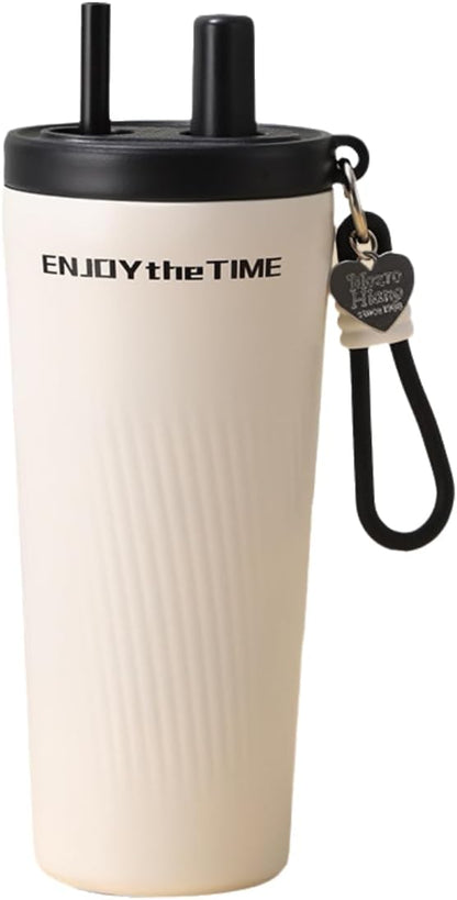 Car Cup Holder Friendly 17oz Insulated Straw Cup, 520ml Double Wall Stainless Steel Travel Tumbler with Leak Proof Lid and Carry Strap for Daily Driving and Office Use (Blue & White)