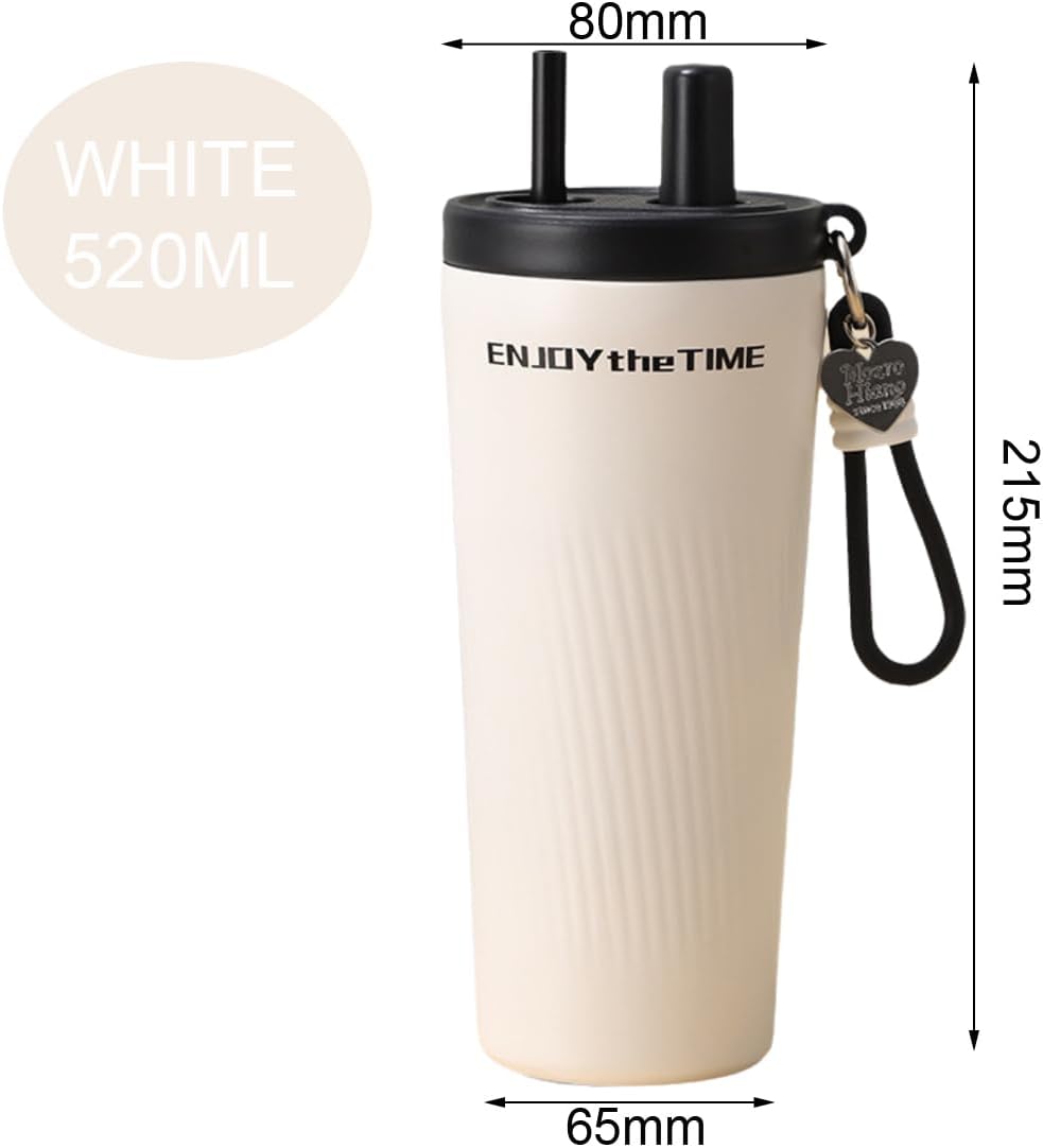 Car Cup Holder Friendly 17oz Insulated Straw Cup, 520ml Double Wall Stainless Steel Travel Tumbler with Leak Proof Lid and Carry Strap for Daily Driving and Office Use (Blue & White)