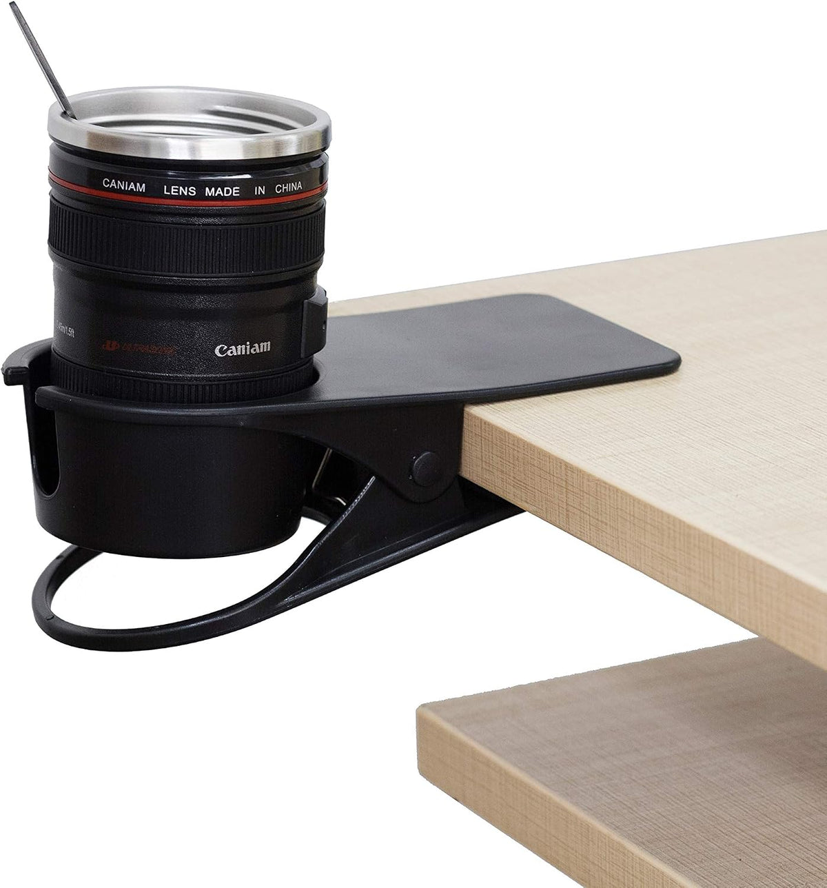 Drinking Cup Clip, Desk Cup Holder, Table Edge Clamp - Place Water Glass, Coffee Mug, Beverage, Cell Phone. Best Office Accessories (Black)