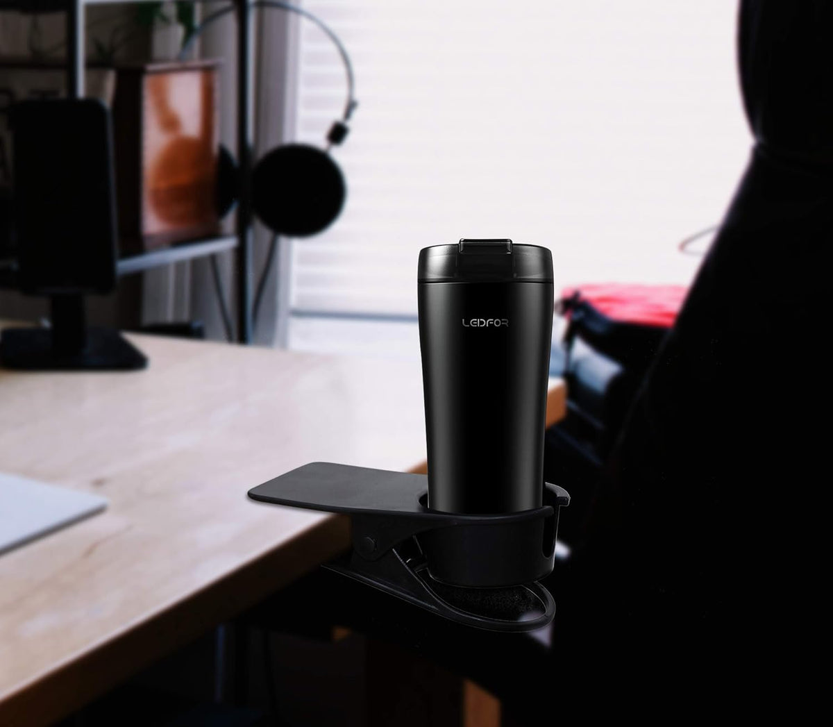 Drinking Cup Clip, Desk Cup Holder, Table Edge Clamp - Place Water Glass, Coffee Mug, Beverage, Cell Phone. Best Office Accessories (Black)