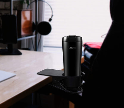 Drinking Cup Clip, Desk Cup Holder, Table Edge Clamp - Place Water Glass, Coffee Mug, Beverage, Cell Phone. Best Office Accessories (Black)