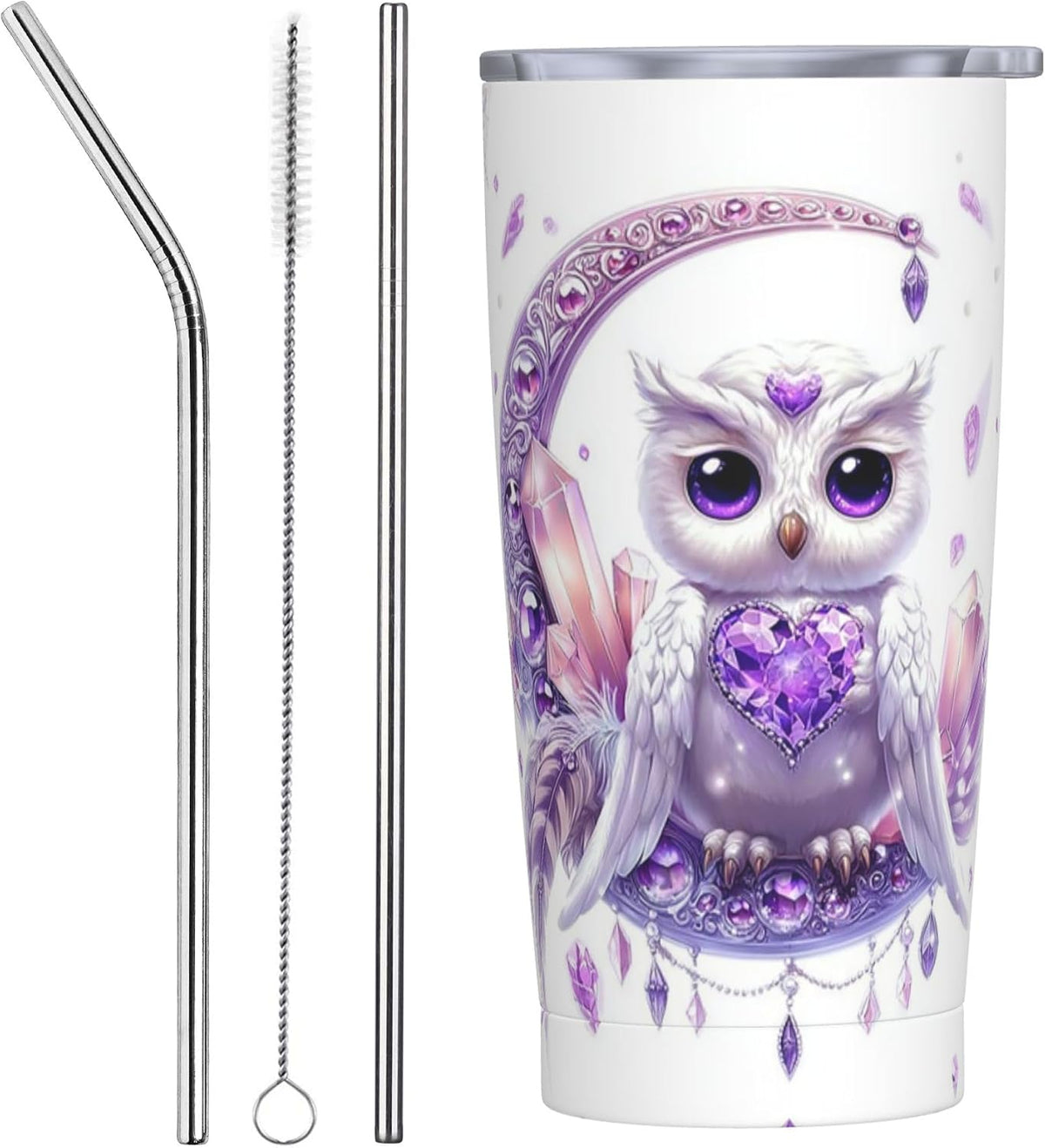 Owl Tumbler with Lid and Straw 20 oz Stainless Steel Vacuum Insulated Cup for Home Office Travel Christmas Birthday Gifts for Women