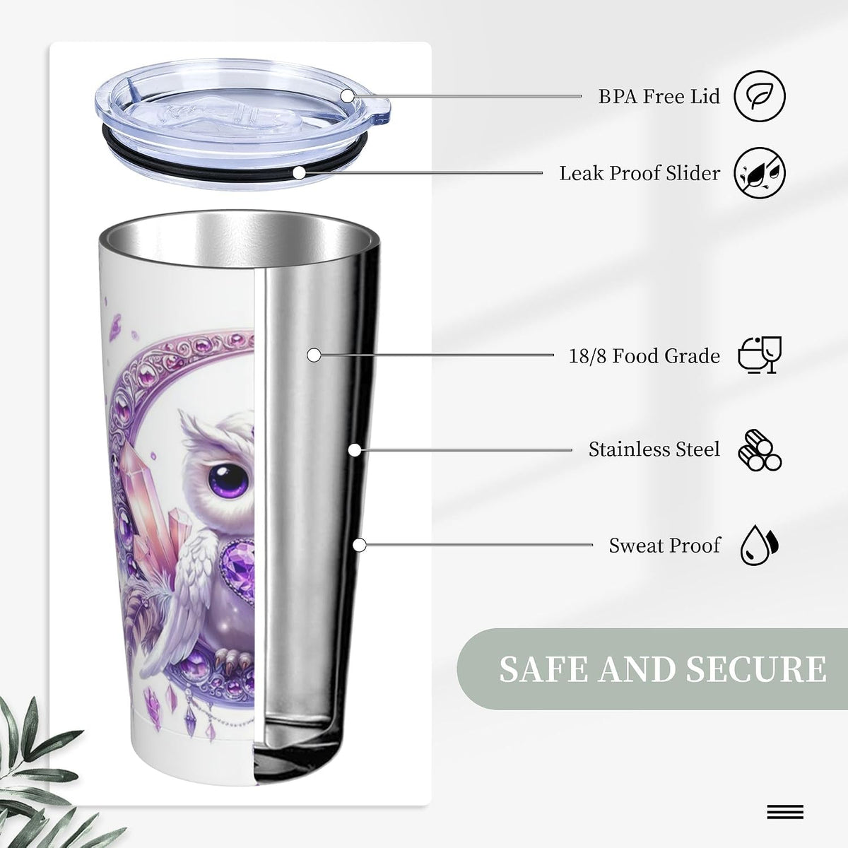 Owl Tumbler with Lid and Straw 20 oz Stainless Steel Vacuum Insulated Cup for Home Office Travel Christmas Birthday Gifts for Women