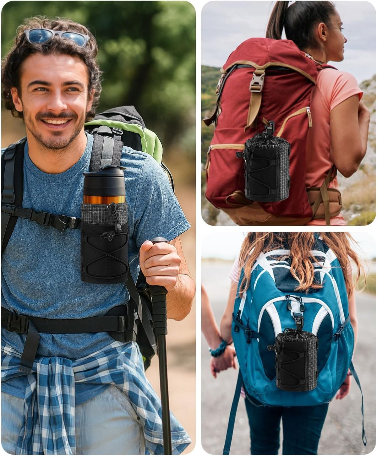 Water Bottle Holder Pouch with Hook Buckle, Backpack Water Bottle Holder Mesh Bag Carrier Fits for 8-24oz Bottles for Hiking, Running, Travel, Outdoor Backpack Accessories & Attachments
