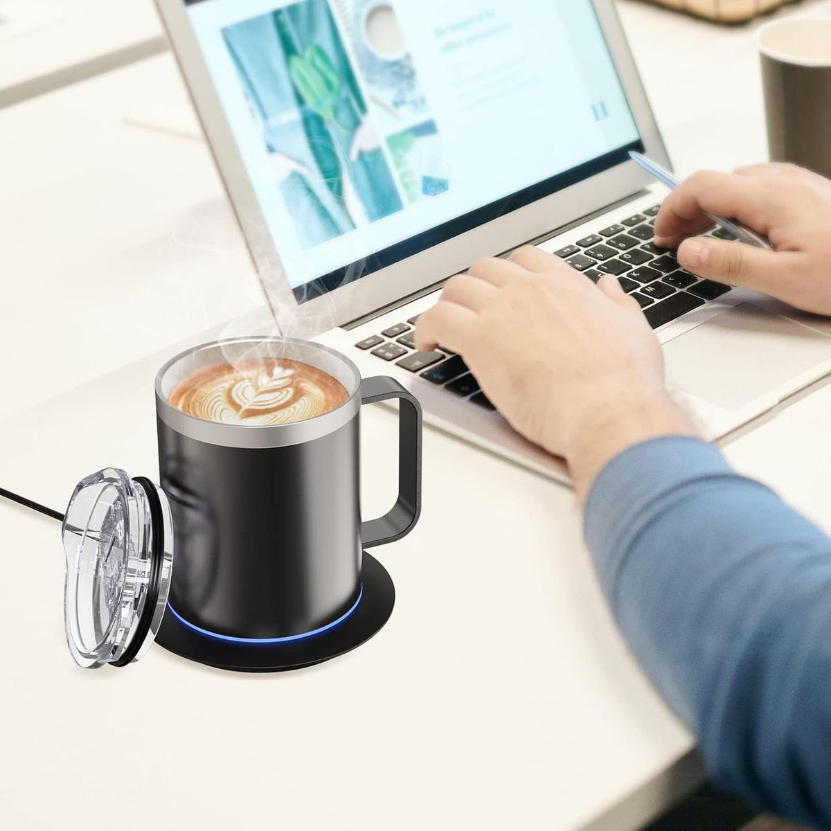 Self Heating Coffee Mug, USB Heating Mug with Sliding Lid, 131°F Coffee Warmer for Desk Home & Office (Green-12oz)