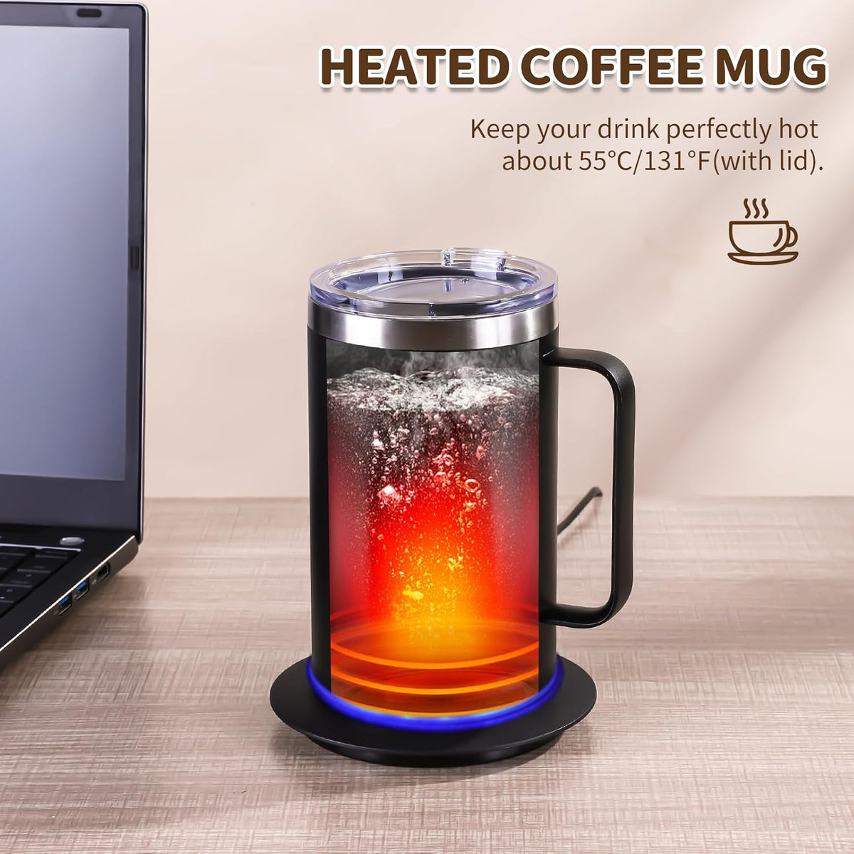 Self Heating Coffee Mug, USB Heating Mug with Sliding Lid, 131°F Coffee Warmer for Desk Home & Office (Green-12oz)