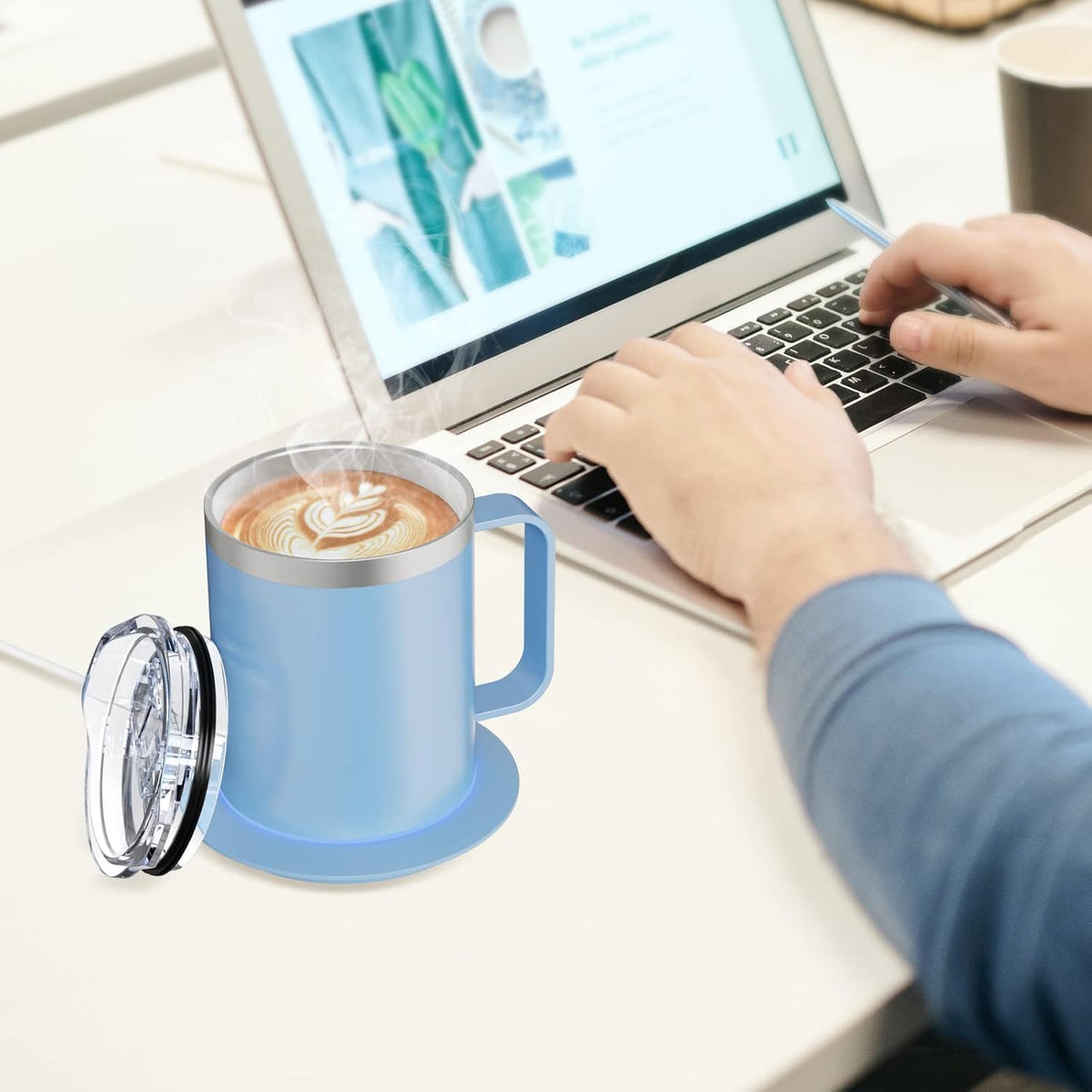Self Heating Coffee Mug, USB Heating Mug with Sliding Lid, 131°F Coffee Warmer for Desk Home & Office (Green-12oz)