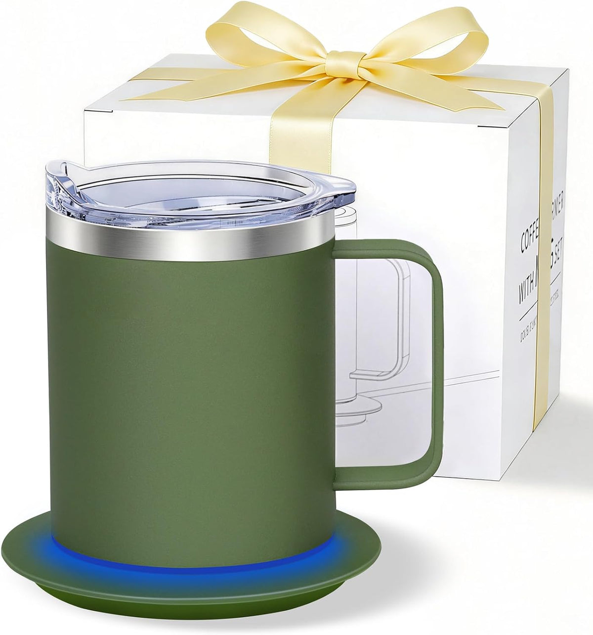 Self Heating Coffee Mug, USB Heating Mug with Sliding Lid, 131°F Coffee Warmer for Desk Home & Office (Green-12oz)