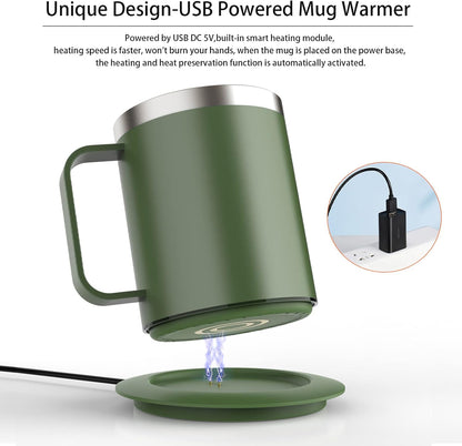 Self Heating Coffee Mug, USB Heating Mug with Sliding Lid, 131°F Coffee Warmer for Desk Home & Office (Green-12oz)