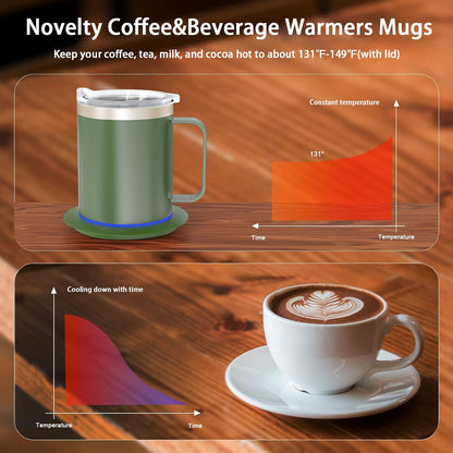 Self Heating Coffee Mug, USB Heating Mug with Sliding Lid, 131°F Coffee Warmer for Desk Home & Office (Green-12oz)