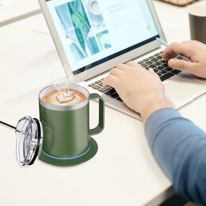 Self Heating Coffee Mug, USB Heating Mug with Sliding Lid, 131°F Coffee Warmer for Desk Home & Office (Green-12oz)