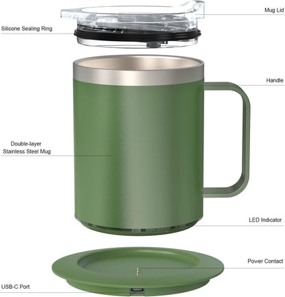 Self Heating Coffee Mug, USB Heating Mug with Sliding Lid, 131°F Coffee Warmer for Desk Home & Office (Green-12oz)