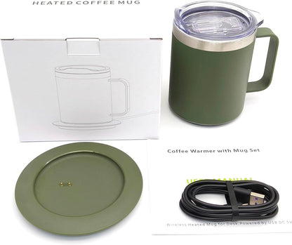 Self Heating Coffee Mug, USB Heating Mug with Sliding Lid, 131°F Coffee Warmer for Desk Home & Office (Green-12oz)