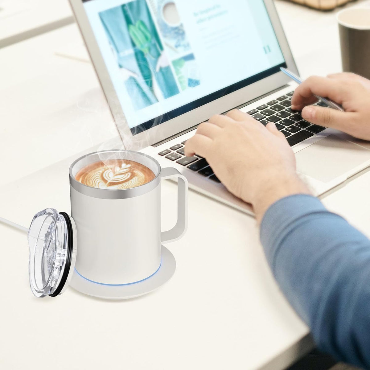 Self Heating Coffee Mug, USB Heating Mug with Sliding Lid, 131°F Coffee Warmer for Desk Home & Office (Green-12oz)